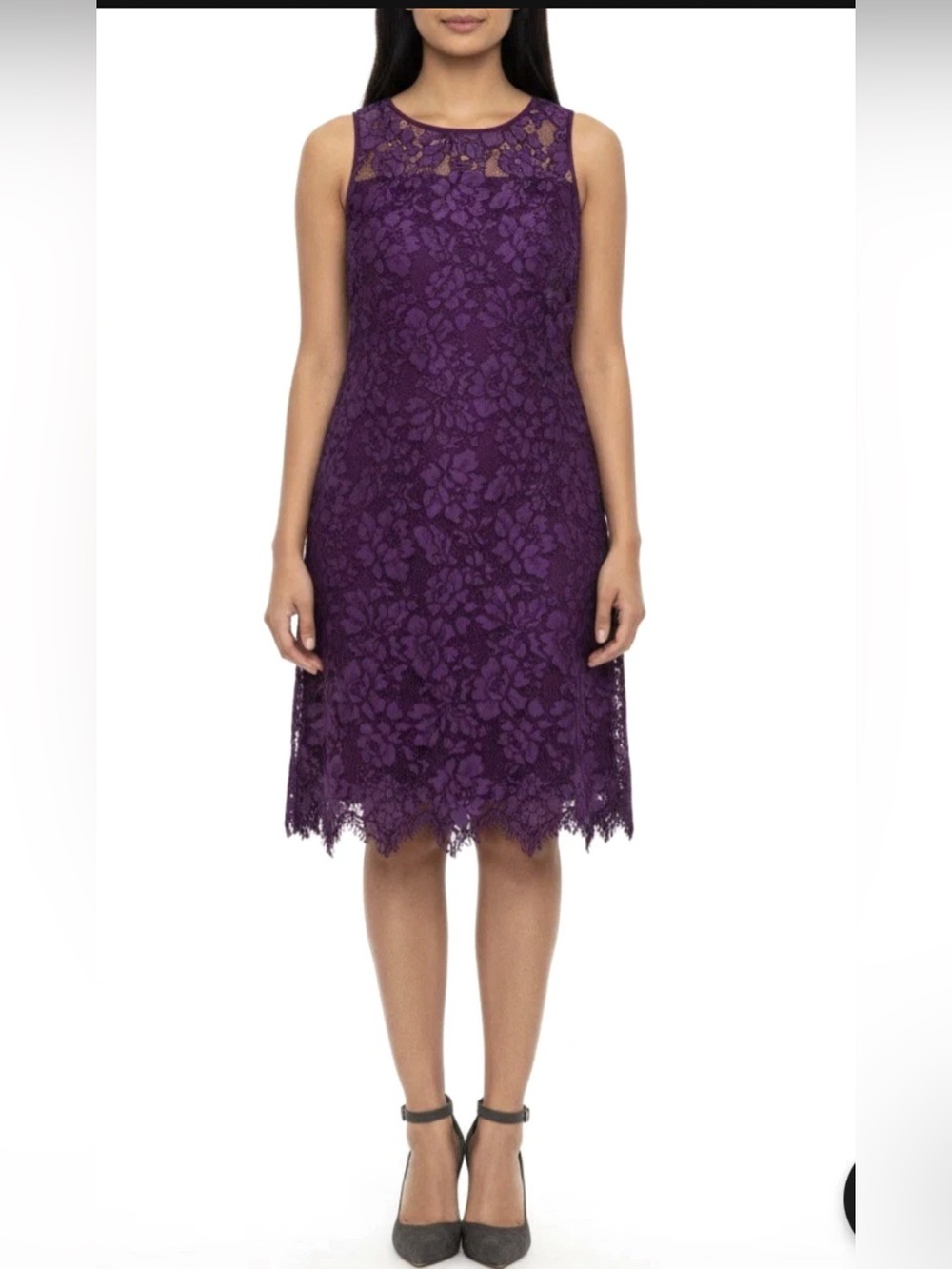 Lauren Ralph Lauren Plum Floral Lace Dress Illusion Neckline Sz 14